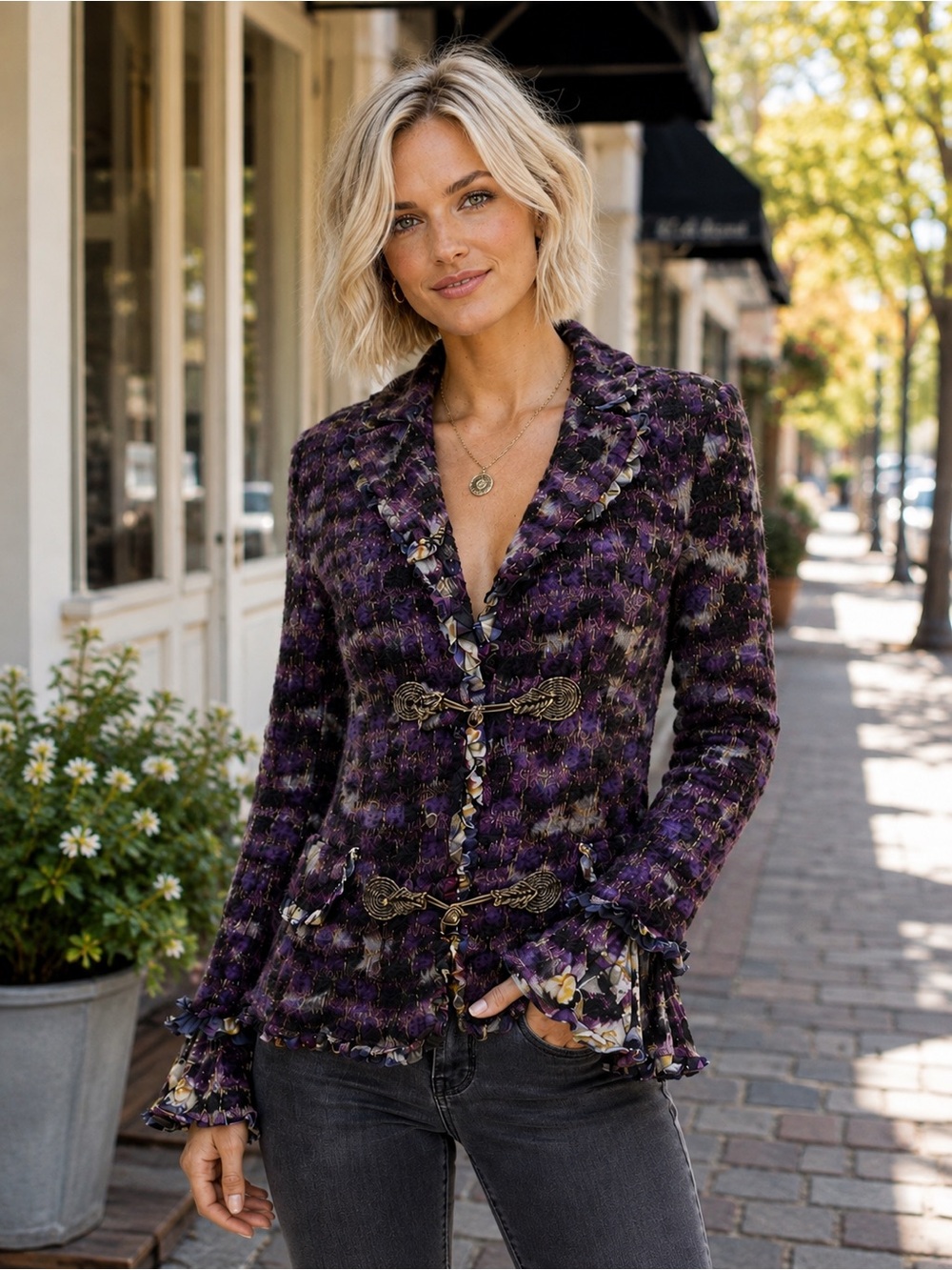Alberto Makali Purple Metallic Textured Knit Ruffle Toggle Blazer Jacket M